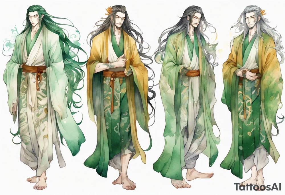 A tall beautiful man with pale green skin and long hair of green and gold and auburn and silver with amber eyes tattoo idea