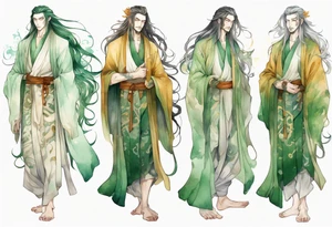 A tall beautiful man with pale green skin and long hair of green and gold and auburn and silver with amber eyes tattoo idea