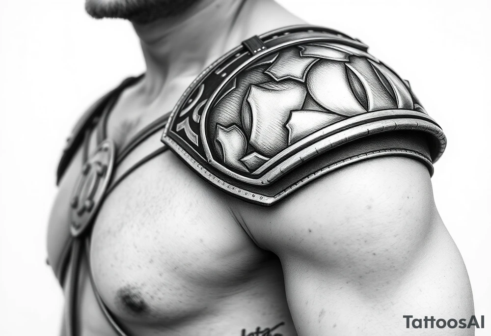 Exquisitely detailed shoulder pauldron with chainmail and plate armor from trapezius I below elbow tattoo idea