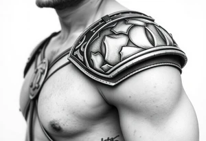 Exquisitely detailed shoulder pauldron with chainmail and plate armor from trapezius I below elbow tattoo idea