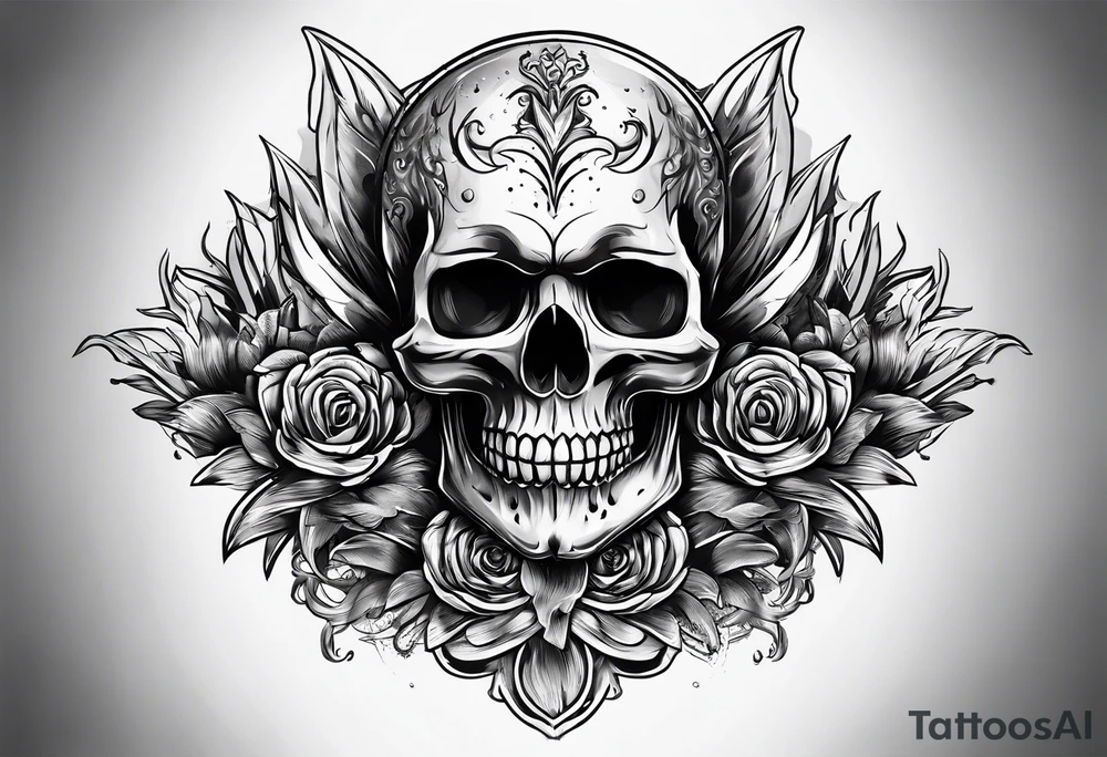 burning skull, stabbed by drumsticks tattoo idea