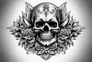 burning skull, stabbed by drumsticks tattoo idea