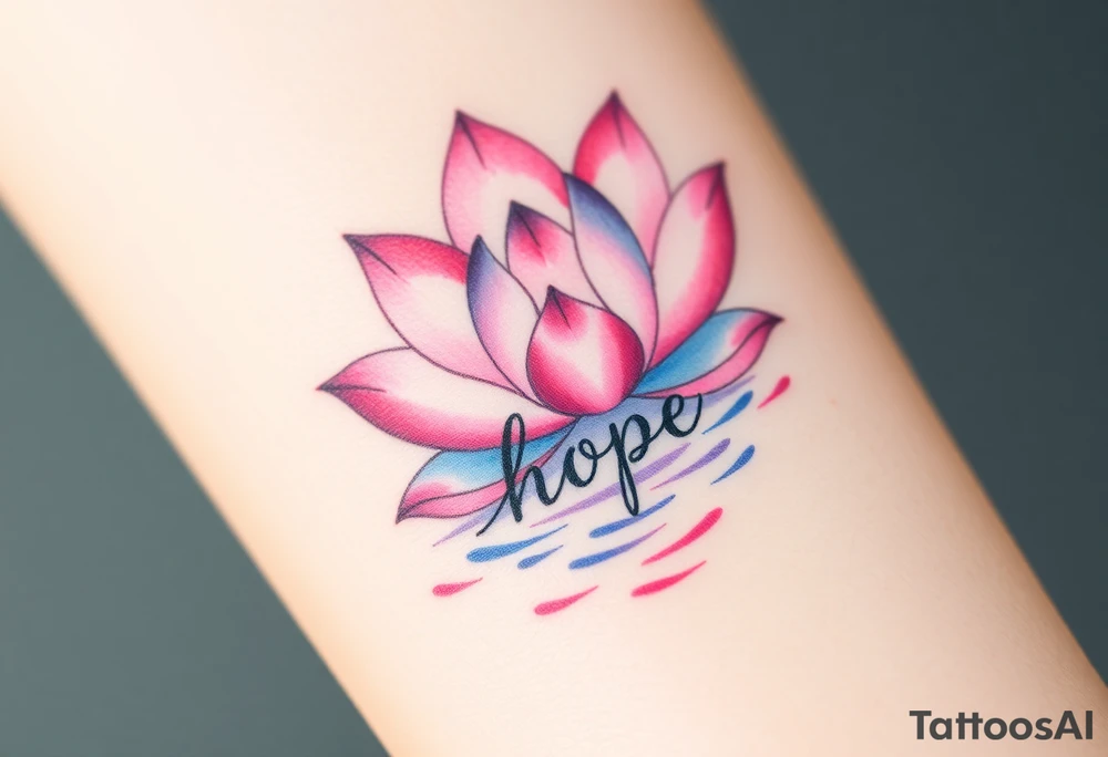 A lotus flower in soft pink and lavender hues, blooming gracefully above rippling water with word "hope" rising from water tattoo idea