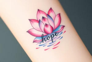 A lotus flower in soft pink and lavender hues, blooming gracefully above rippling water with word "hope" rising from water tattoo idea