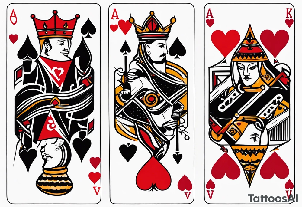 one combined tatto in minimalistic style with three king of spades and one queen of hearts tattoo idea