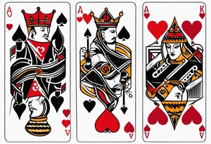 one combined tatto in minimalistic style with three king of spades and one queen of hearts tattoo idea