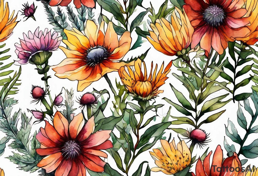 wildflowers with thistles, ferns, burnt orange flower, white flowers, pink flowers, red flowers and yellow flowers all in watercolor tattoo idea