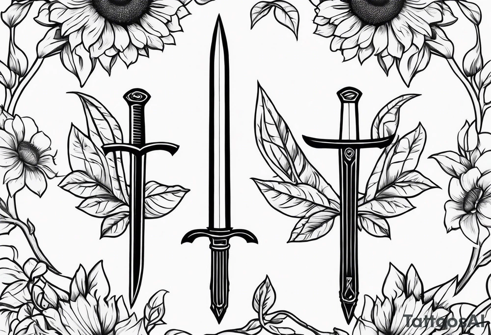 simple sword with sunflowers and vines covering it tattoo idea