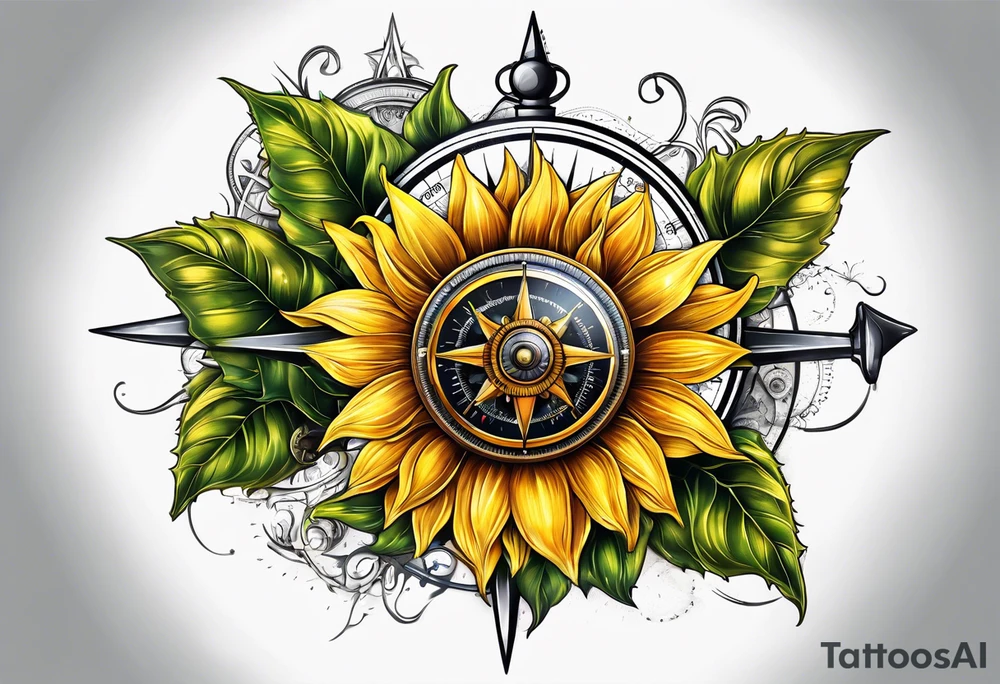 Sunflower next to a compass tattoo idea