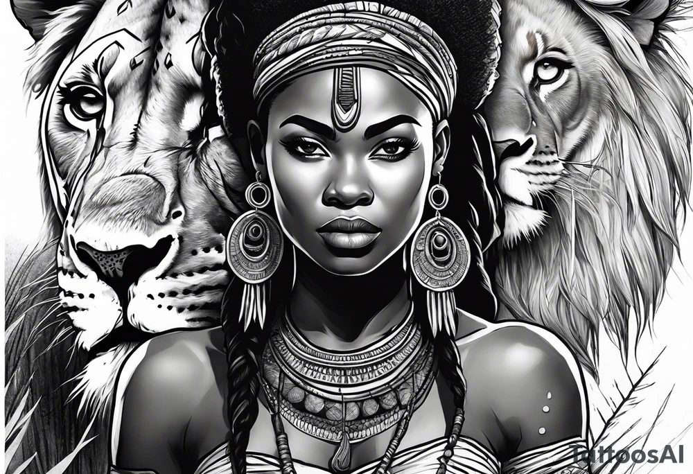 African woman warrior holding spear with earrings. Tribe marks on her face and tree Branch brids and lion in the background tattoo idea