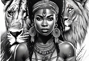 African woman warrior holding spear with earrings. Tribe marks on her face and tree Branch brids and lion in the background tattoo idea