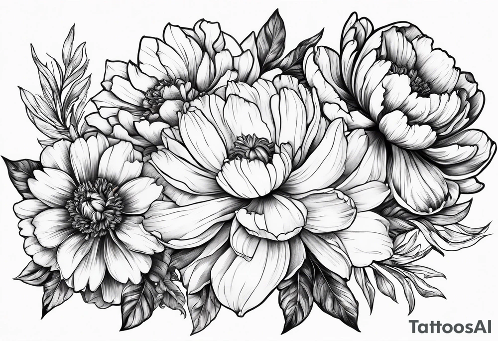 A stemless marigold, peony, and narcissus side by side tattoo idea