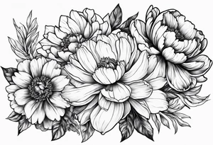 A stemless marigold, peony, and narcissus side by side tattoo idea