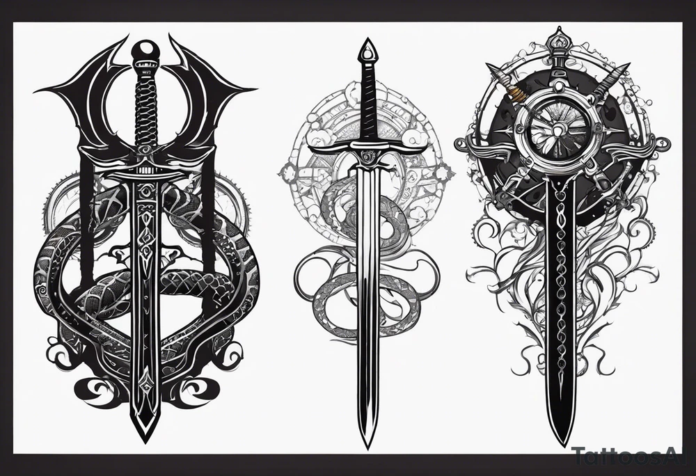 Aggresive Snakes with a sword, this design must be in a vertical vertical proportion. Additionaly the desing must be "Steampunk" type tattoo idea