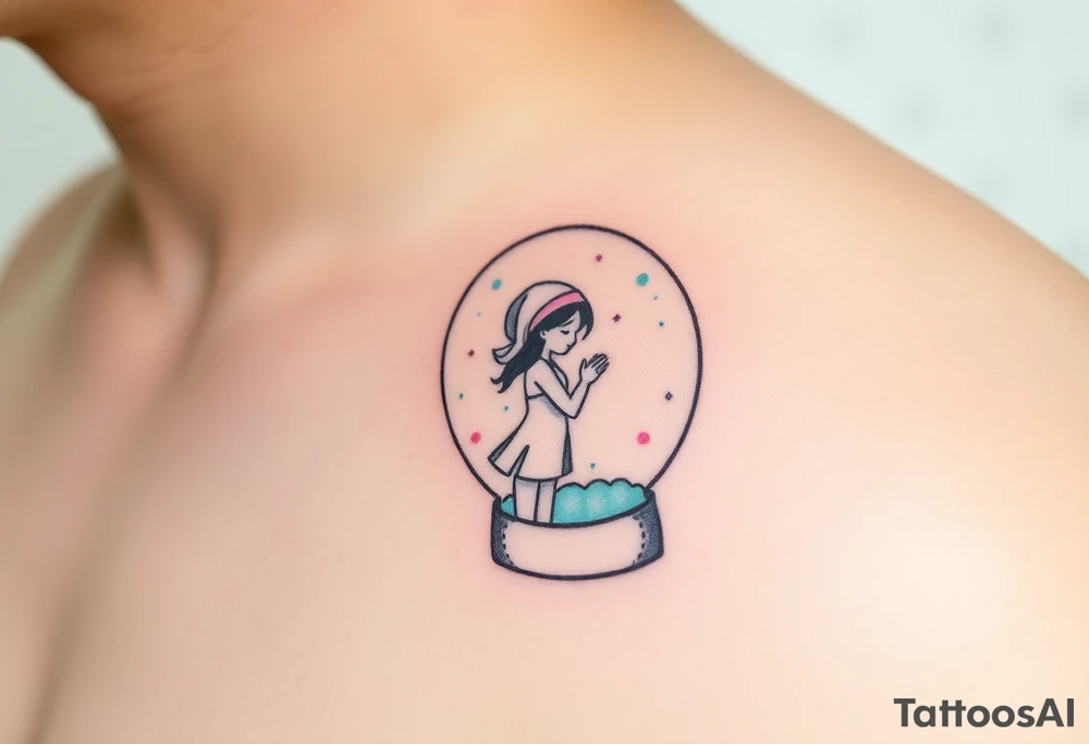 A tender kiss captured inside a glass snow globe, with soft pastel pink and light blue sparkles tattoo idea