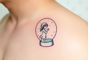 A tender kiss captured inside a glass snow globe, with soft pastel pink and light blue sparkles tattoo idea