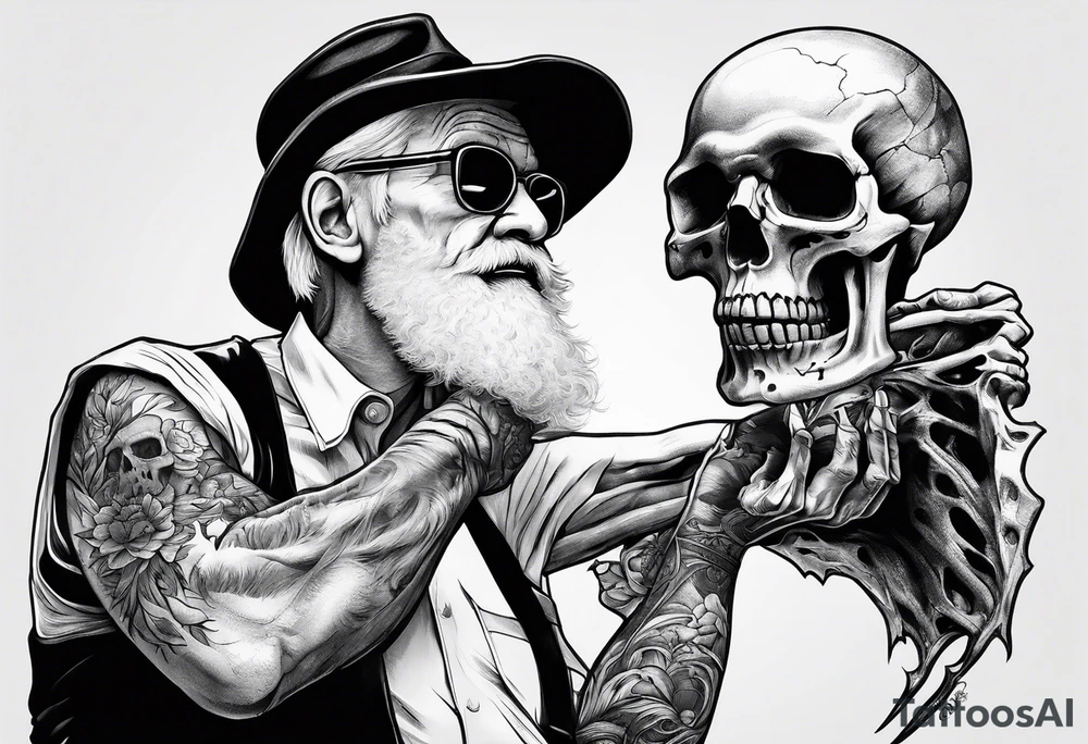 old man fighting with a skeleton tattoo idea