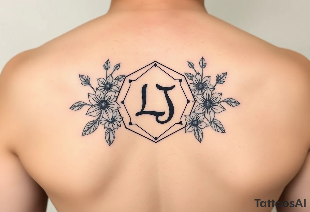 Feminine simple Dotted Line hexagon with Leo astrological symbol surrounded by larkspurs and water lilies tattoo idea