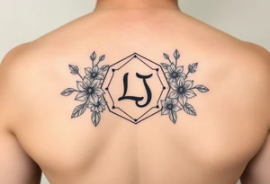 Feminine simple Dotted Line hexagon with Leo astrological symbol surrounded by larkspurs and water lilies tattoo idea