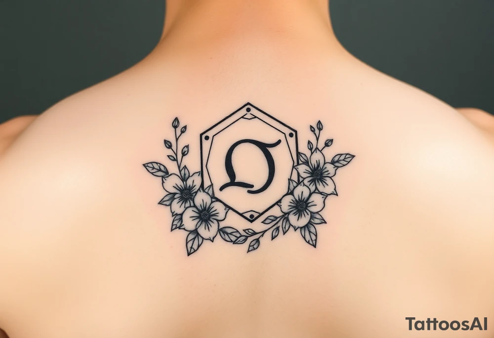 Small Feminine simple Dotted Line hexagon with Leo astrological symbol surrounded by larkspurs and water lilies tattoo idea