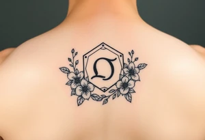 Small Feminine simple Dotted Line hexagon with Leo astrological symbol surrounded by larkspurs and water lilies tattoo idea