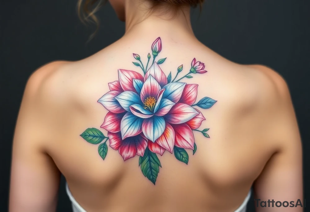 Coronation Astor Rose, Lily, Larkspur, watercolor flowers, middle of back clump together tattoo idea