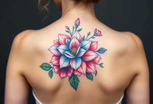 Coronation Astor Rose, Lily, Larkspur, watercolor flowers, middle of back clump together tattoo idea