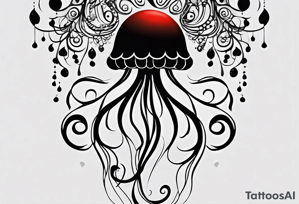 The tattoo features a stylized jellyfish with its bell-shaped body at the top. The body of the jellyfish is adorned with multiple black hearts scattered across its surface, giving it a whimsical, playful look. From the body, long flowing tentacles descend gracefully, creating a sense of movement. Some of the tentacles have small leaf-like patterns attached to them, adding an organic and delicate touch to the design. The overall tattoo is composed of fine lines and shading, primarily in black ink, giving it a minimalist yet detailed appearance. The design blends smooth flowing curves with a few sharper, more structured lines, creating a balance between elegance and modern tattoo style. tattoo idea