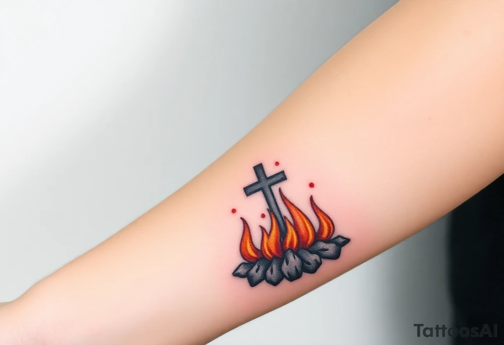 Campfire with a cross hidden in the flames tattoo idea