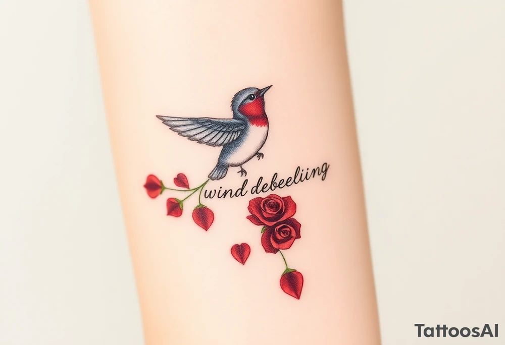 Soaring robin with trail of red rose petals with writing saying wind beneath my wings tattoo idea