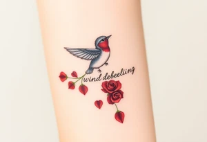 Soaring robin with trail of red rose petals with writing saying wind beneath my wings tattoo idea