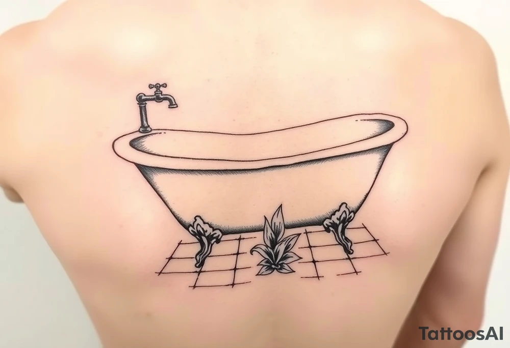 clawfoot bathtub with simple faucet and lily coming up out of the tile floor tattoo idea