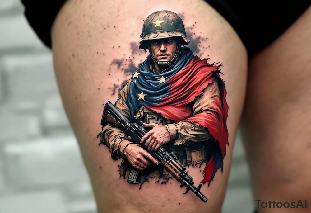 Rifleman with Flag – A soldier holding a rifle, draped in a flag of muted red and dark blue, its edges singed and torn, with a backdrop of smoke and flame. tattoo idea