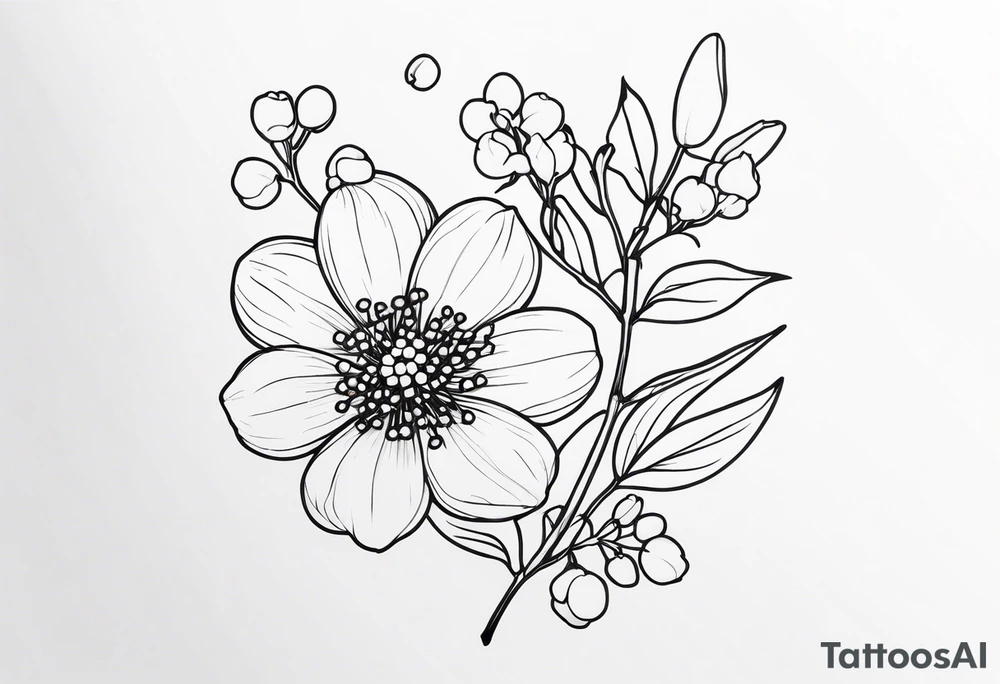 cosmos flower, rowan tree berries, cherry blossoms, lily of the valley tattoo idea