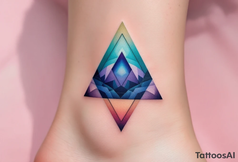 A color-gradient triangle shifting from teal to indigo, representing transition and depth. tattoo idea