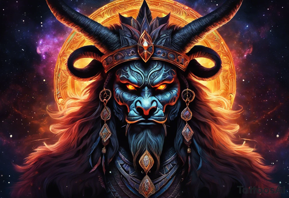 A majestic demon king with a skull-styled face and devilish features is depicted in this image. The king's deep-set glowing galaxy-styled large eyes give off an aura of power and mystery. The king's head is acting as dreamcatcher and has braids styled like predator, with 2-3 ending with flame-styled feathers. The king's face is intricately dotted in narsimha/ rudra symbols. The head has a crown shaped blue and orangish flames with intricate and prominent koru maori symbols in the shape of trishul/ trident. The image is filled with vibrant colors, with deep blue, purple, and violet, with bright orange and yellow. This face bust (only face) is atop of a torii gate which is in a brush stroke style, somewhat visible. The king looks regal and powerful. tattoo idea