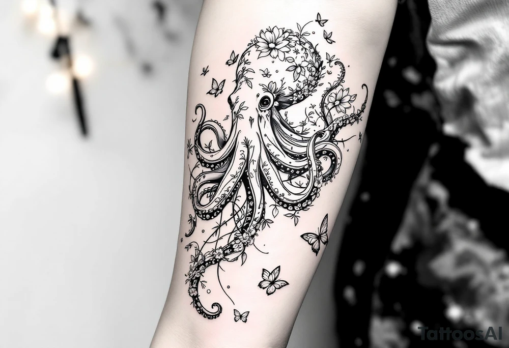 A fine-line tattoo design of a single octopus made entirely of flowers and butterflies. The octopus’s tentacles are shaped like flowing floral vines with leaves and petals, and its body is composed of overlapping blossoms and butterfly wings. Incorporate sacred geometry. The style is minimalist, elegant, and nature-inspired, with delicate black and grey lines, soft shading, and no outlines. No aquatic or marine elements besides the floral octopus. The design flows organically down the upper arm or shoulder, with a light, airy, and poetic feel. tattoo idea