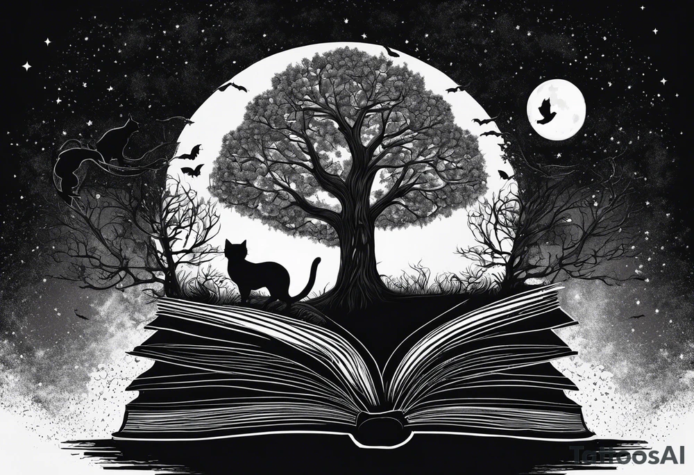 A dark fantasy vibe Four books stacked whimsically with the top book open with a black cat and and Tree coming out with a little start in the sky tattoo idea