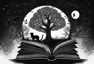 A dark fantasy vibe Four books stacked whimsically with the top book open with a black cat and and Tree coming out with a little start in the sky tattoo idea