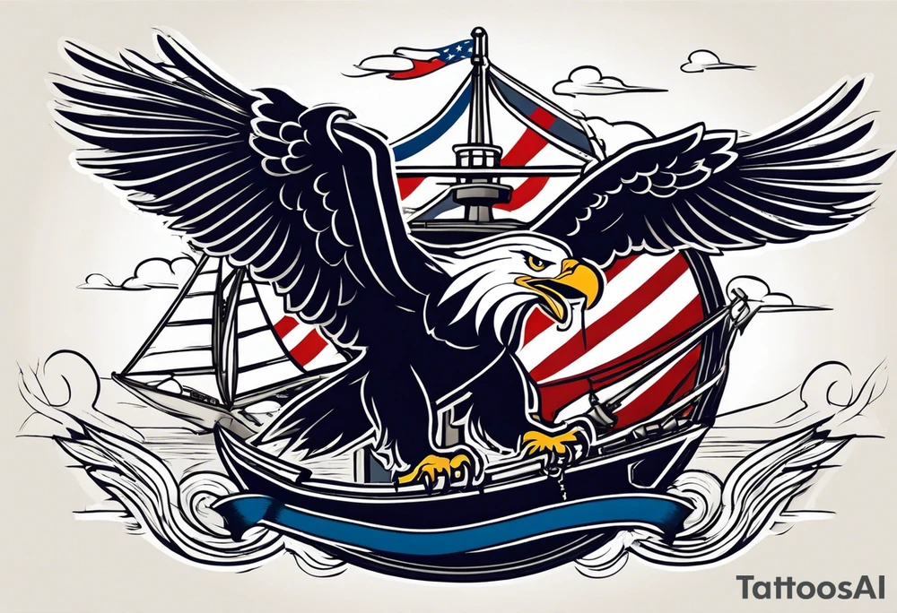 eagle flying in front of ship holding American flag in beak and holding anchor in talons tattoo idea