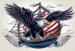 eagle flying in front of ship holding American flag in beak and holding anchor in talons tattoo idea