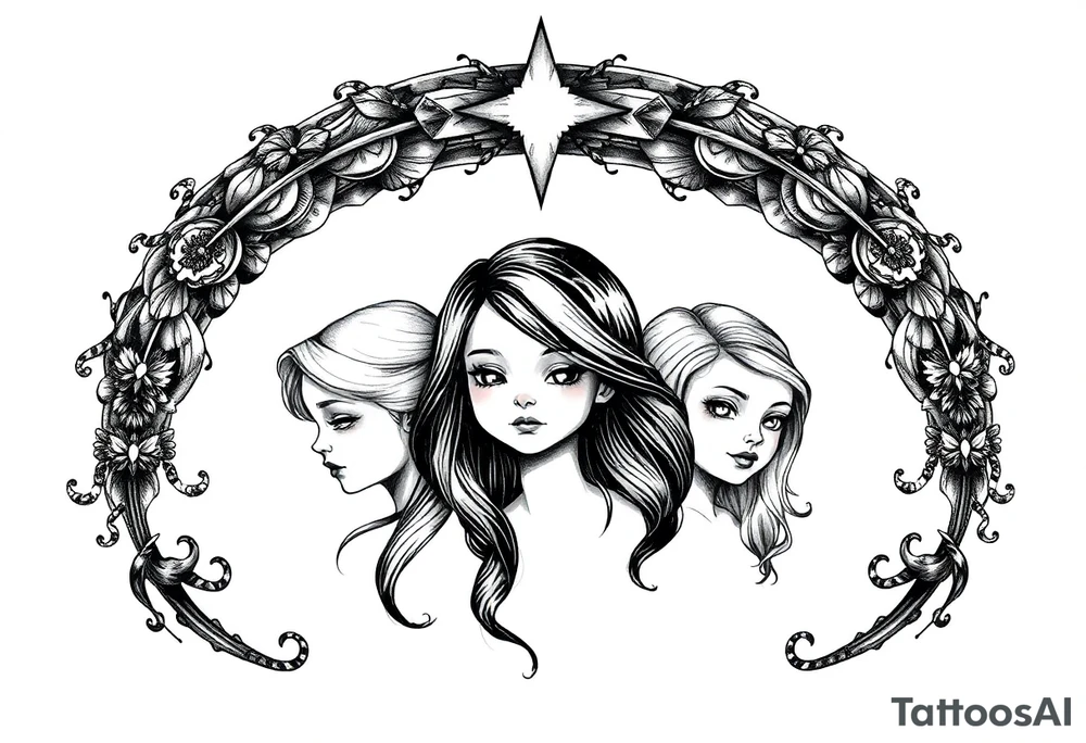 3 petites filles ( une cheveux noir et deux blondes)
sous un arc en ciel incomplet tattoo idea