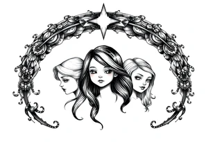 3 petites filles ( une cheveux noir et deux blondes)
sous un arc en ciel incomplet tattoo idea