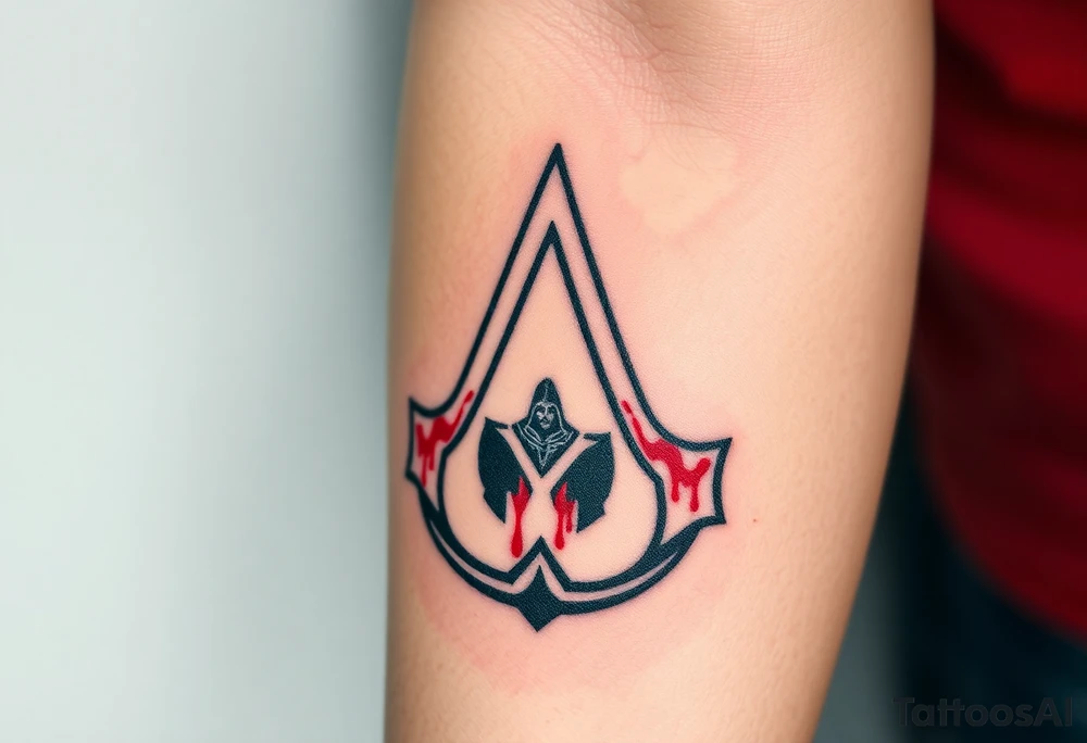 Assassins Creed emblem with Ezio character and blood splashes incorporated into logo. tattoo idea