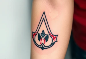 Assassins Creed emblem with Ezio character and blood splashes incorporated into logo. tattoo idea