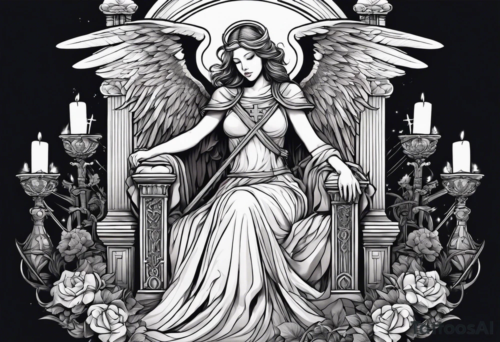 girl angel sitting in a throne with a staff with a cross at the top, a devil laying on the ground by the angels feet being stabbed in the chest by the staff tattoo idea