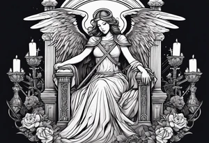 girl angel sitting in a throne with a staff with a cross at the top, a devil laying on the ground by the angels feet being stabbed in the chest by the staff tattoo idea