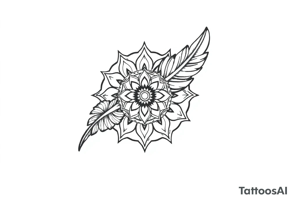 spiritual bold line feather mandala indian tattoo idea
