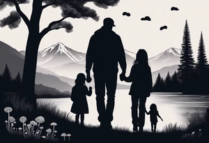 Family silhouette of a father, a mother with long straight blonde hair, grown son, middle daughter, and small daughter foraging mushrooms with mountains and creek in background tattoo idea