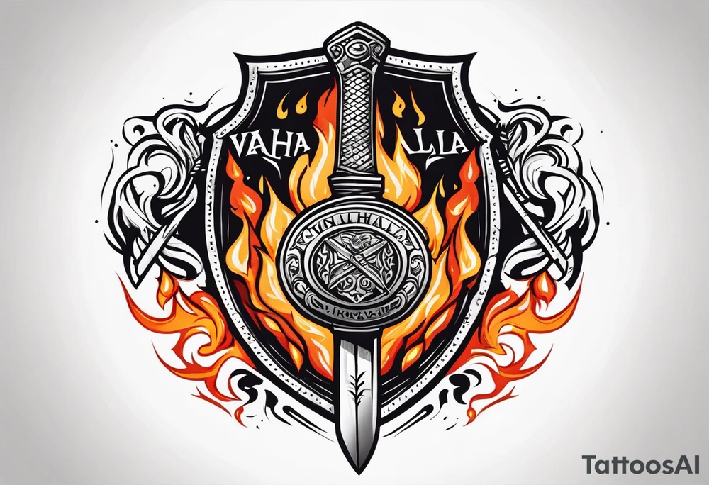 valhalla on fire
sword shield axe tattoo idea